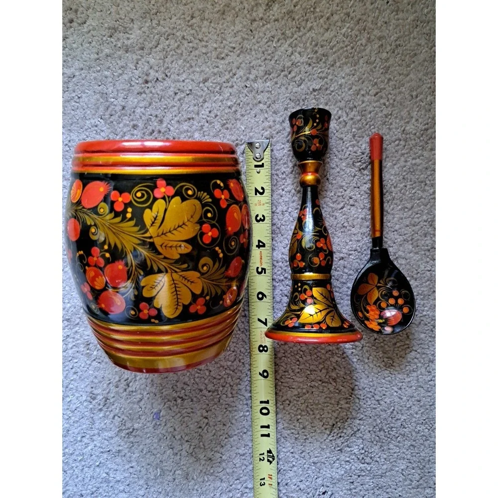 Russian Hand Painted Khokhloma Wooden Food Container Spoon Candle Holder